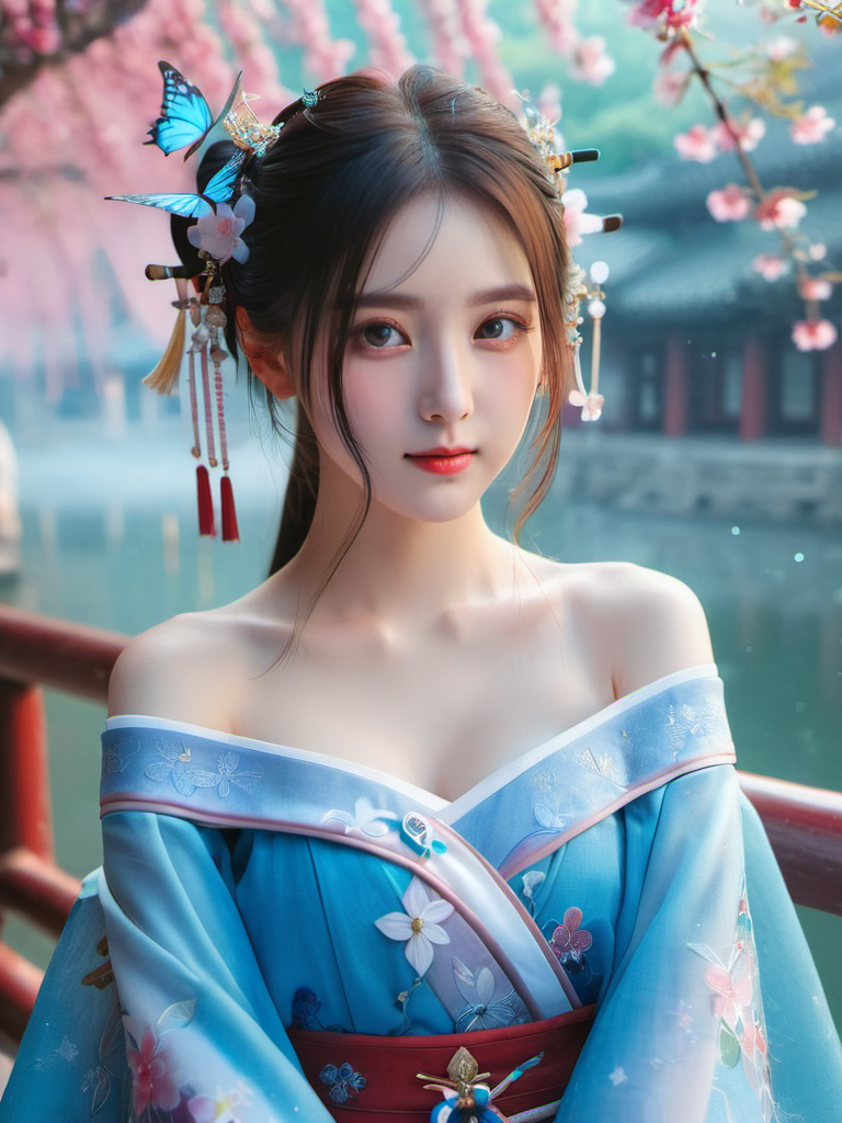 49363-2935845366-yanyuelou,1girl, colorful hanfu, bare_shoulders, wide_sleeves, cleavage, light_particles, Blue eyes,pink_butterfly, flowers, blu.png